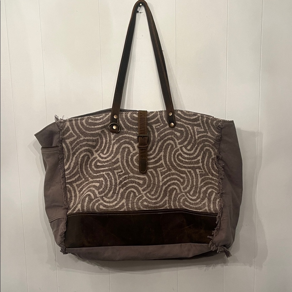 Myra Bag Gray & Brown Swirl Canvas Tote with Leather Accents